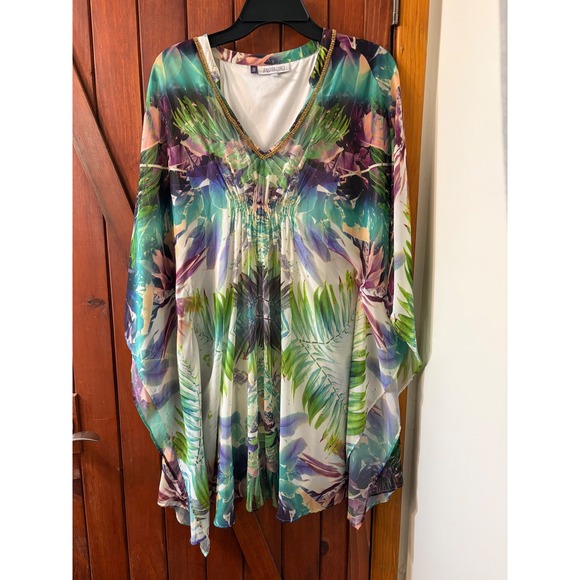 Jennifer Lopez Tops - Jennifer Lopez Tropical Floral Kaftan Tunic Top Green Purple Gold Chain V-Neck S